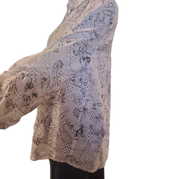 Chico's Sz 12/14 Novelty Vacation Print Eyelet Button Up Balloon Sleeve Top - Picture 6 of 11